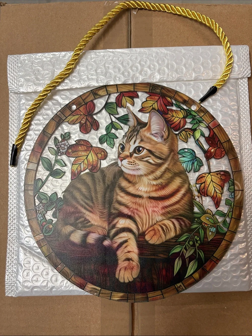 Tabby Cat Decorative Round Wall Plaque - Brown & Green